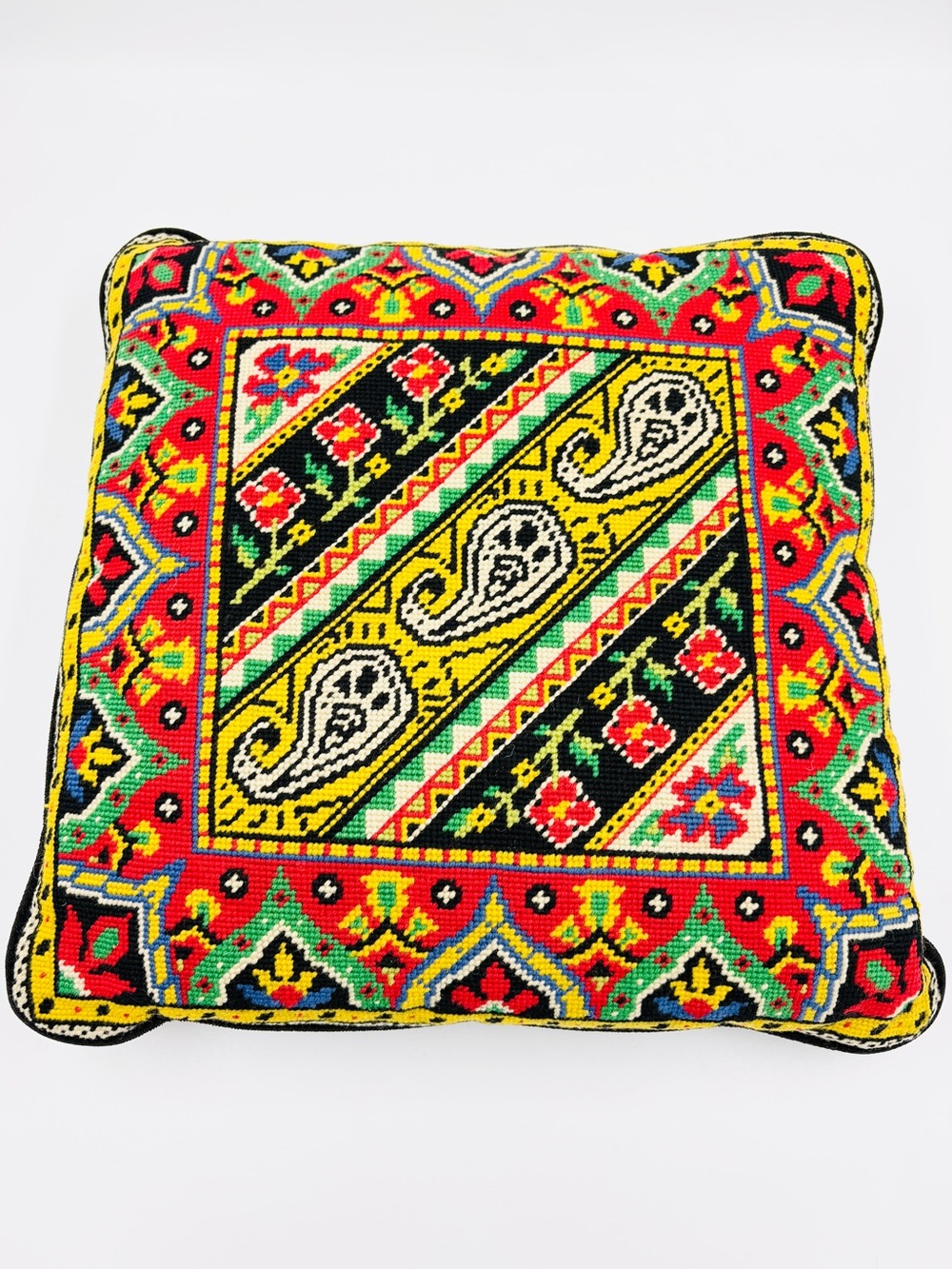Turkish vibrant hand-embroidered needlepoint tapestry throw pillow floral EUC